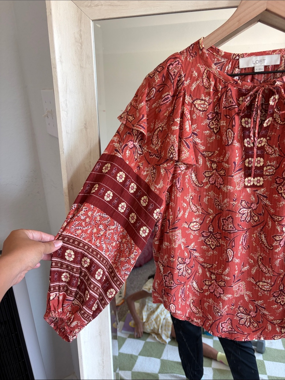 LOFT Rust Floral Ruffle Tie-Neck Blouse - Picture 3 of 6